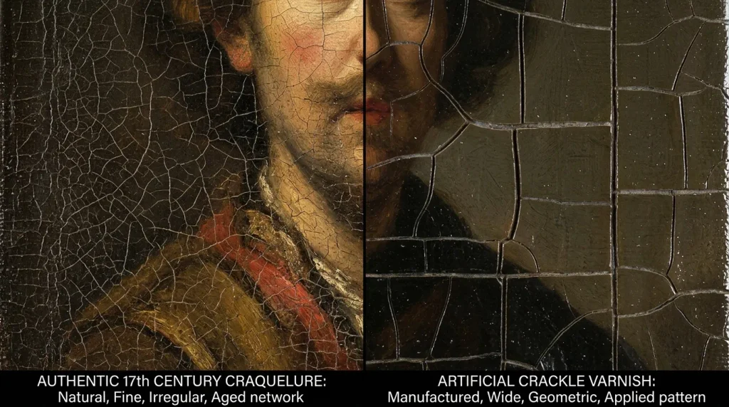 Comparaison macro entre le réseau de craquelures authentiques d'un tableau ancien et des craquelures artificielles.