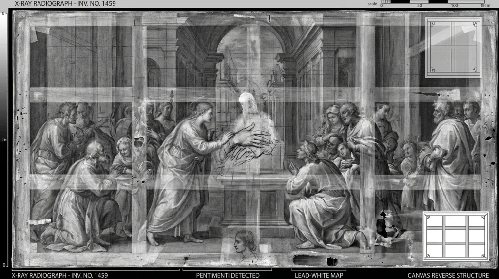 Radiographie d'une peinture ancienne montrant le dessin préparatoire au fusain sous la peinture.