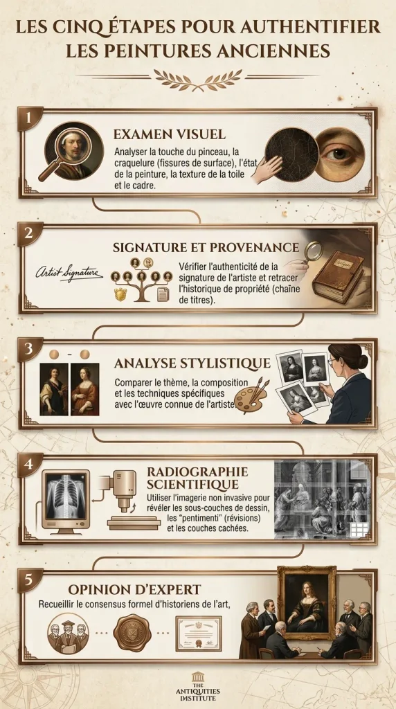 Infographie résumant les 5 étapes pour authentifier un tableau ancien : support, craquelures, provenance, style et rayons X.