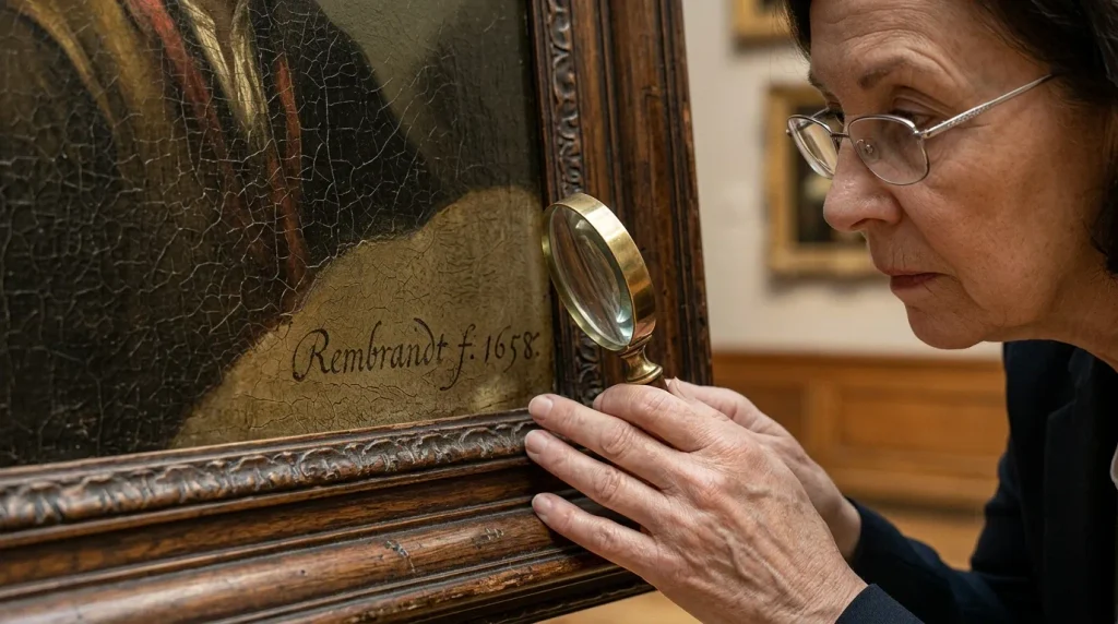 Examen à la loupe d'une signature d'artiste sur un tableau ancien à l'huile.