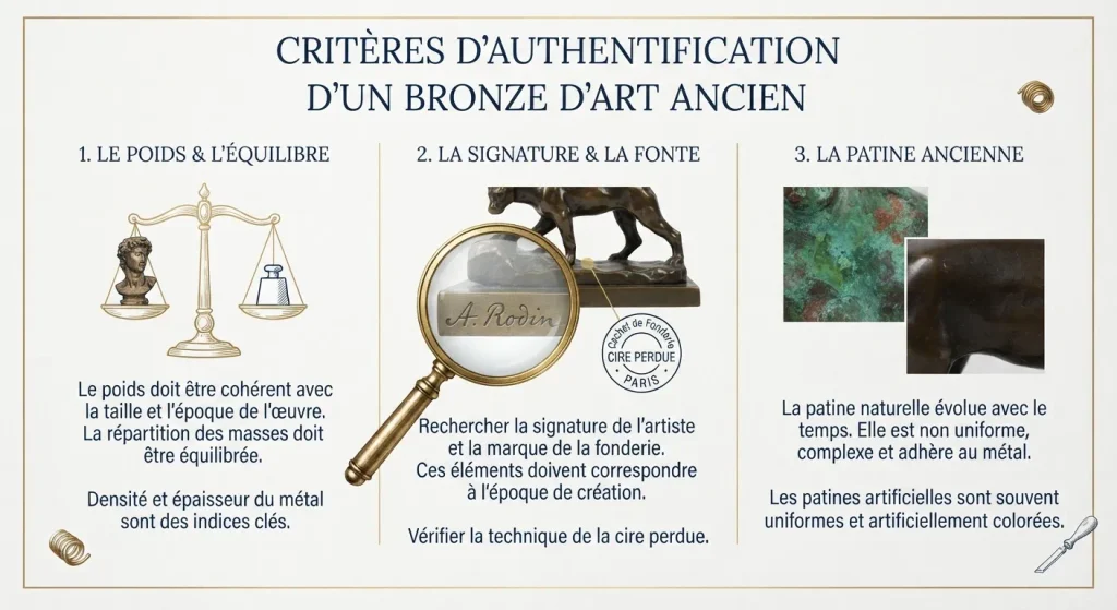 Infographie explicative détaillant les étapes pour reconnaître et authentifier une véritable sculpture en bronze ancien.