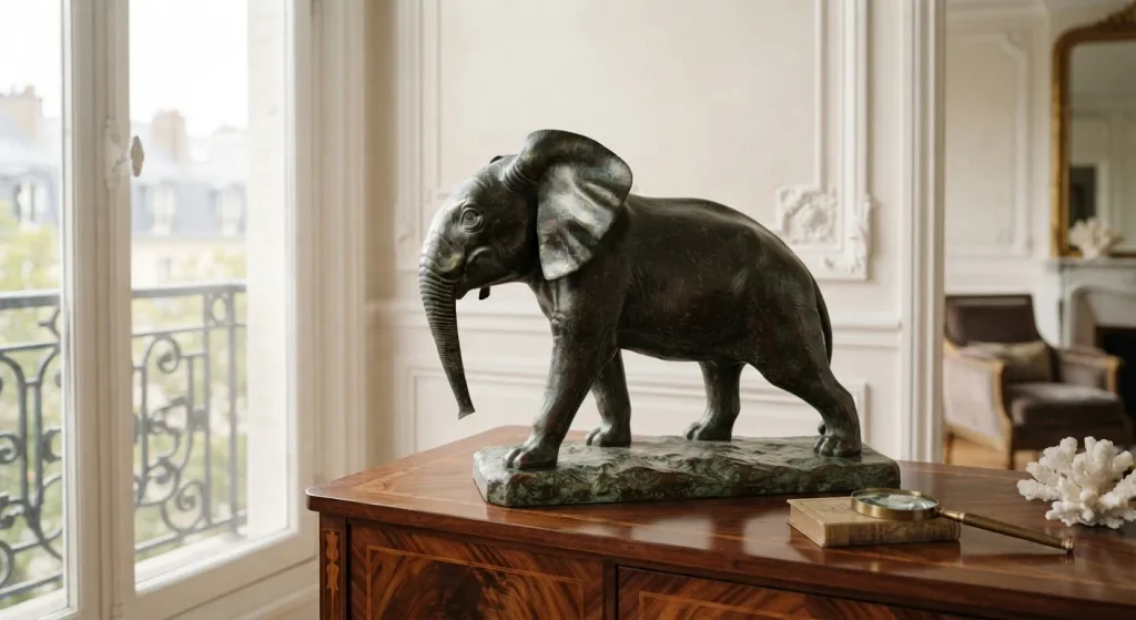 Sculpture animalière ancienne en bronze représentant un éléphanteau, posée sur une console dans un salon raffiné.