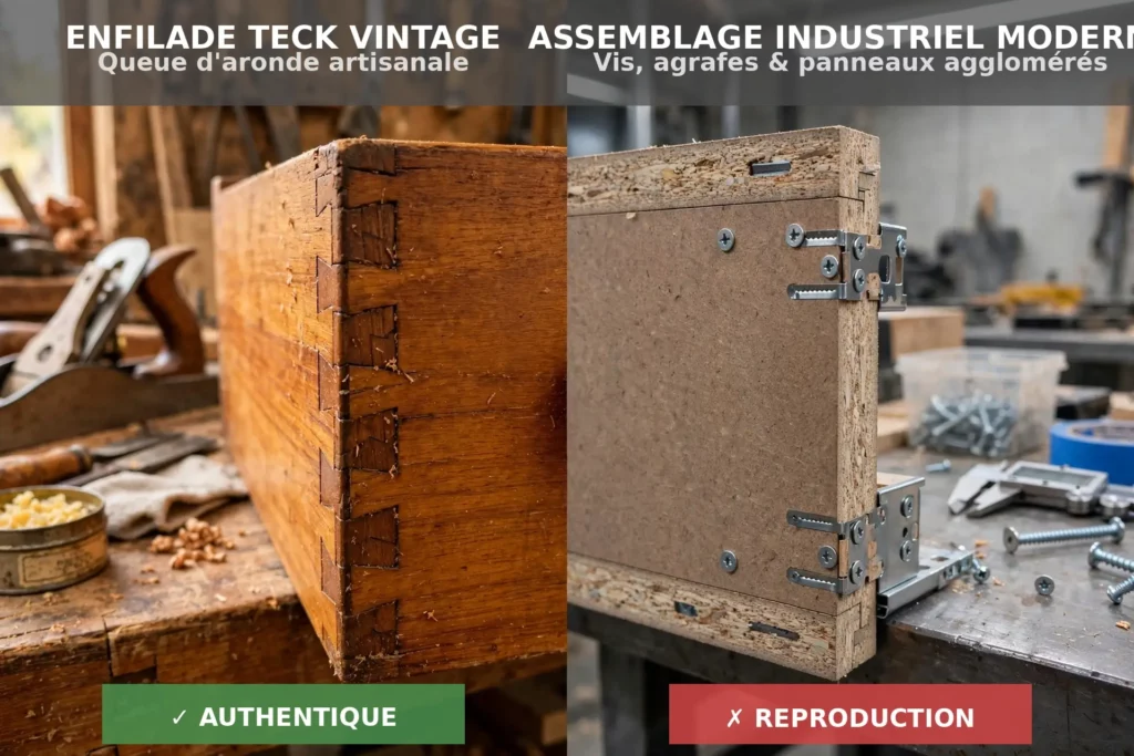 Assemblage queue aronde tiroir enfilade teck vintage versus assemblage industriel moderne