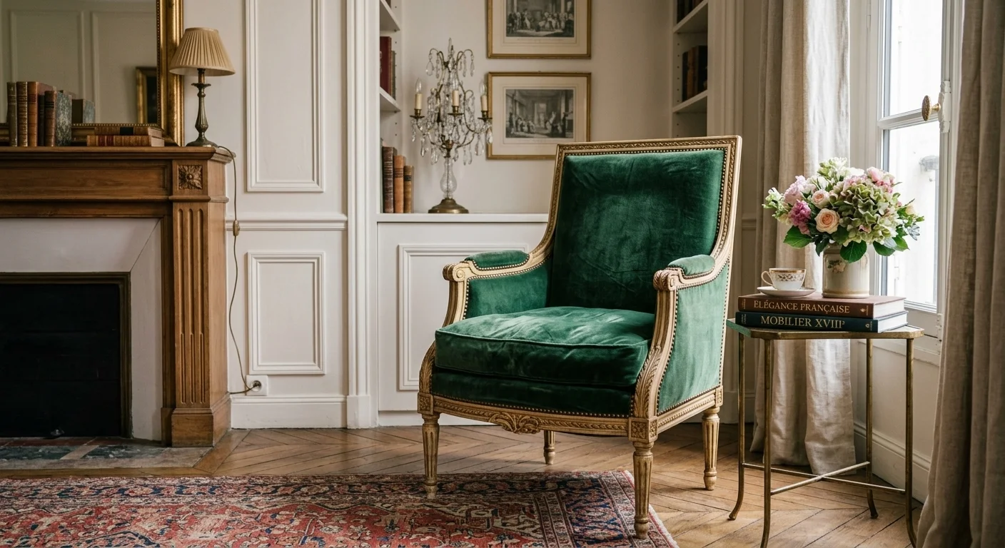 Bergère vintage style Louis XVI en velours avec dossier à la reine