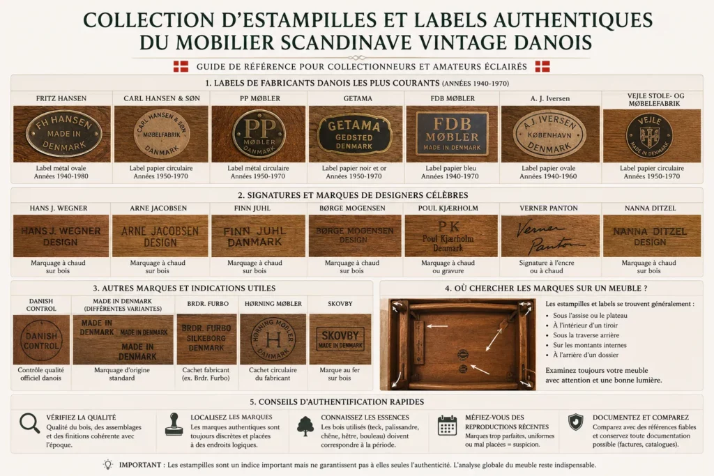 Collection d'estampilles et labels authentiques du mobilier scandinave vintage danois