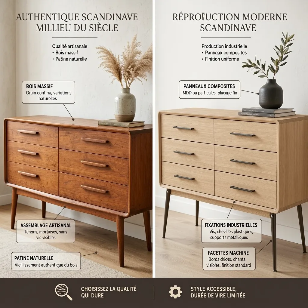 Comparaison meuble scandinave authentique versus reproduction moderne avec annotations détails
