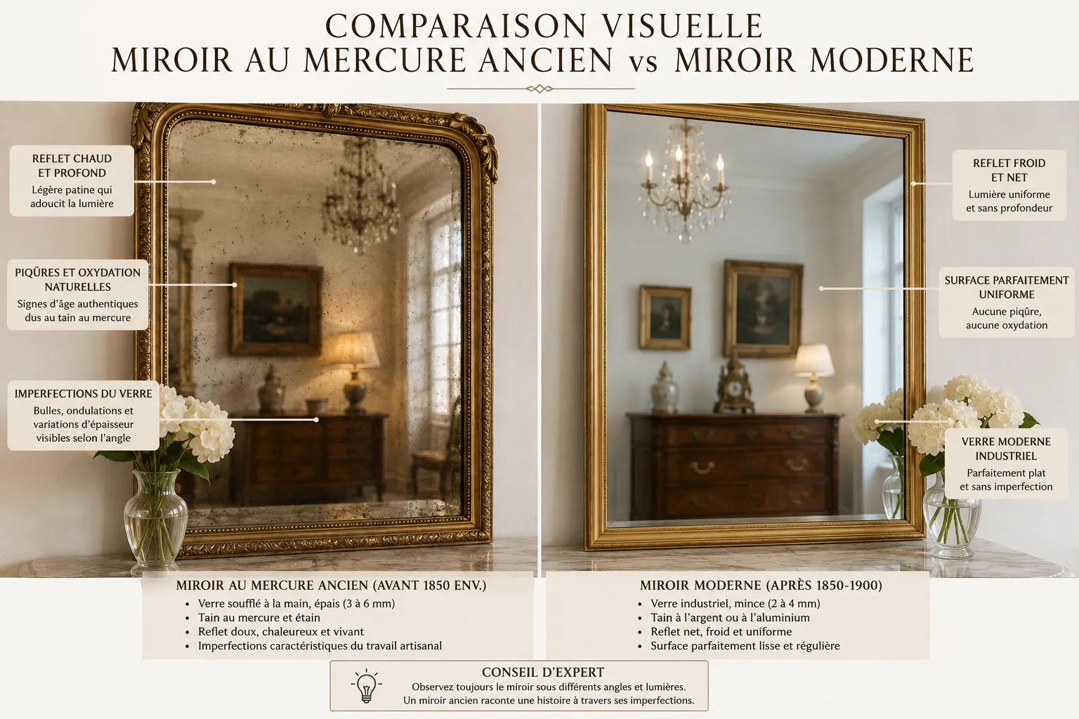 Comparaison visuelle entre le reflet d'un miroir au mercure ancien et un miroir moderne