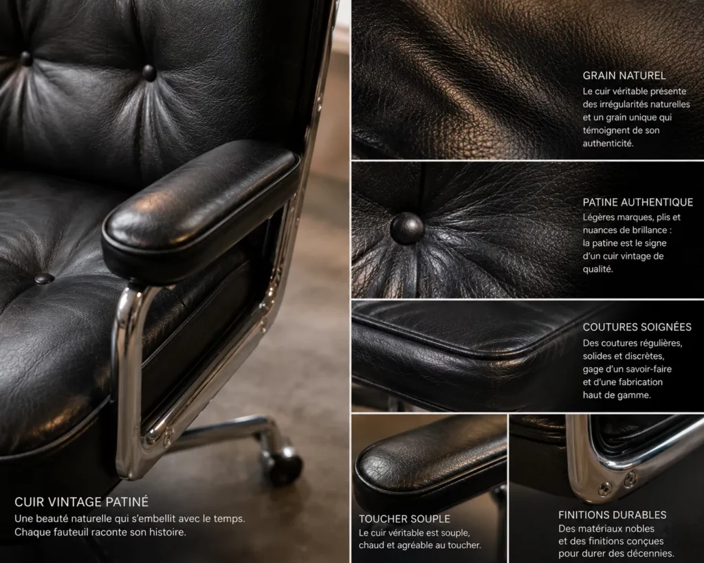 Cuir vintage patiné fauteuil bureau texture naturelle qualité