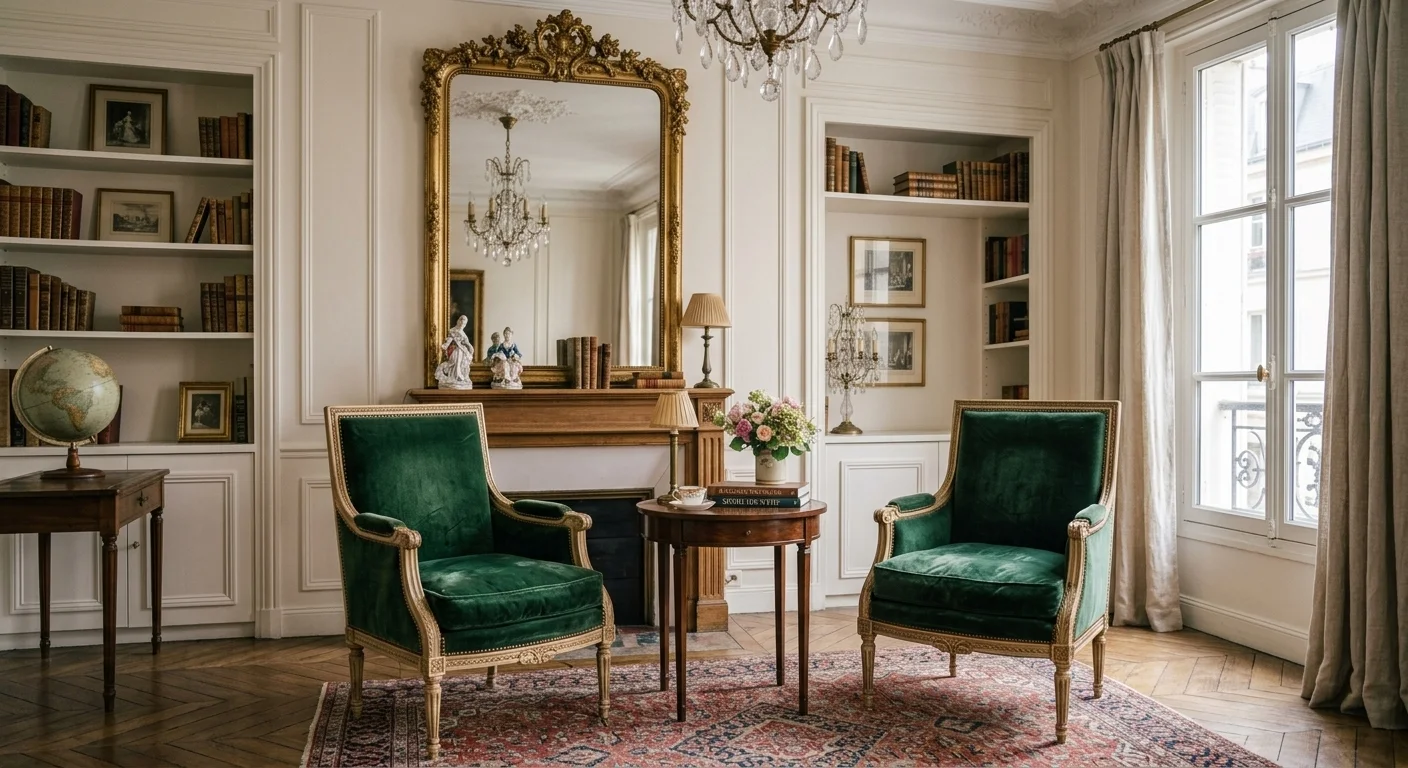 Décoration salon classique chic avec bergères vintage et miroir doré