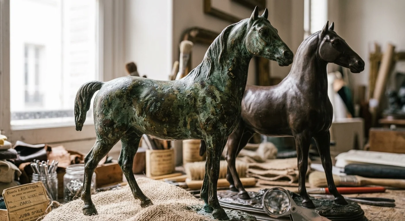 Détail de la patine vert-de-gris et marron sur une sculpture bronze ancienne vs patine moderne