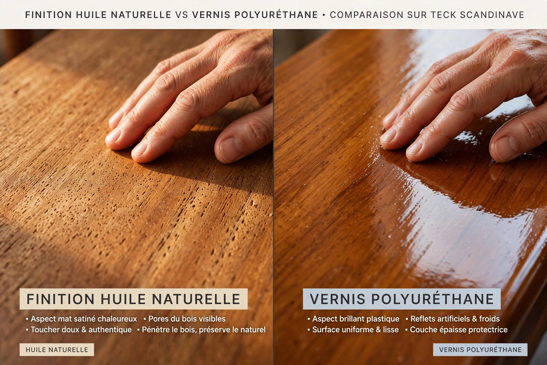Détail finition huile naturelle versus vernis polyuréthane meuble scandinave