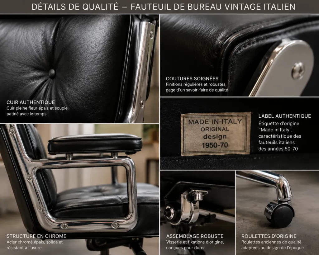 Détail qualité fauteuil vintage label authentique cuir coutures