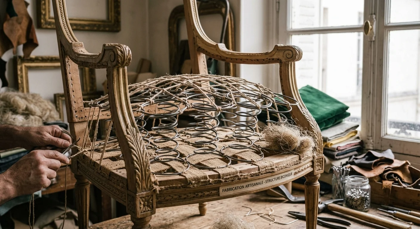 Détail structure et ressorts biconiques fauteuil vintage rénovation