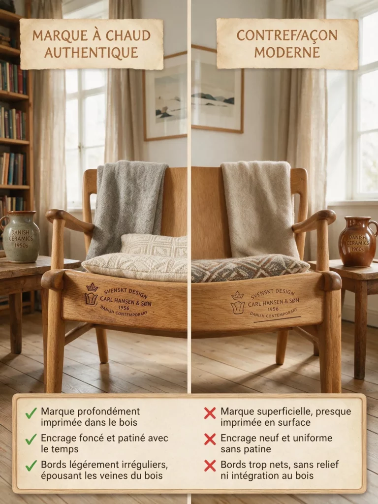 Différence entre marque à chaud authentique et contrefaçon moderne sur mobilier scandinave