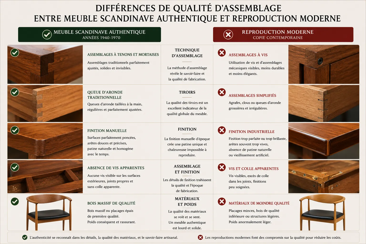 Différences de qualité d'assemblage entre meuble scandinave authentique et reproduction moderne