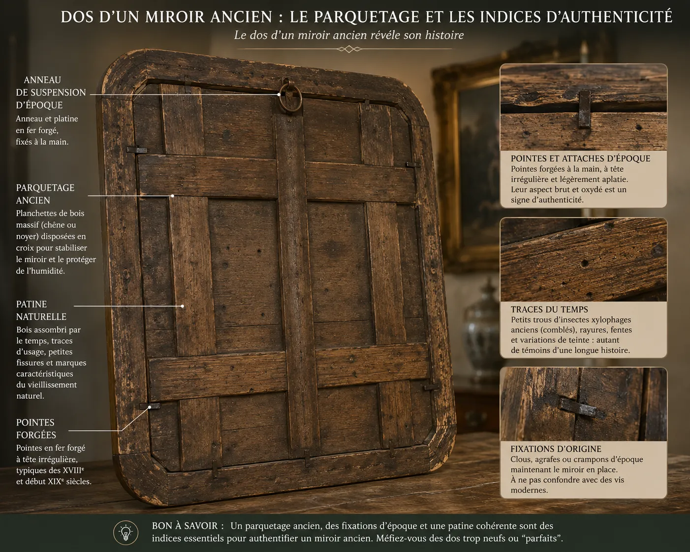 Dos d'un miroir ancien avec parquetage en bois patiné et fixations d'époque