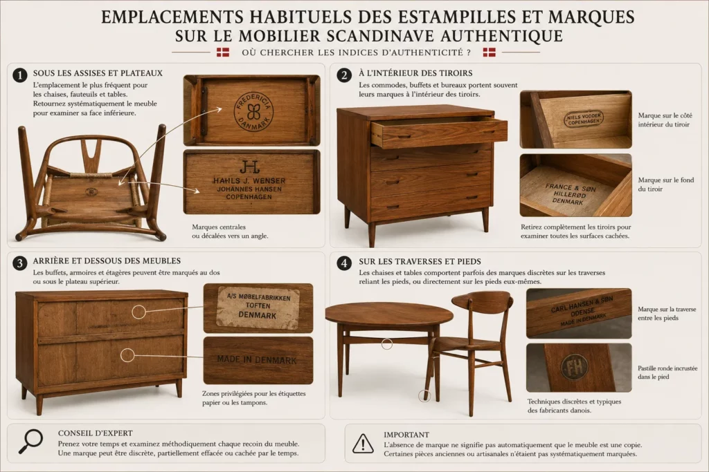 Emplacements habituels des estampilles et marques sur le mobilier scandinave authentique
