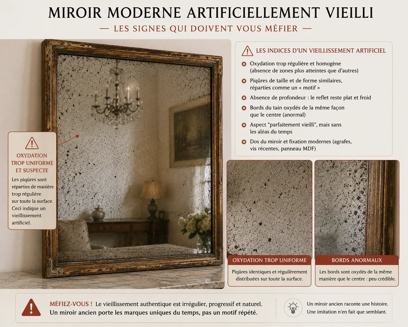 Exemple de miroir moderne artificiellement vieilli avec oxydation trop uniforme