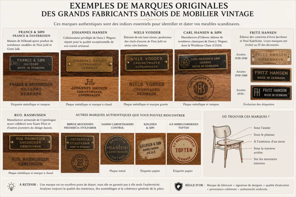 Exemples de marques originales des grands fabricants danois de mobilier vintage