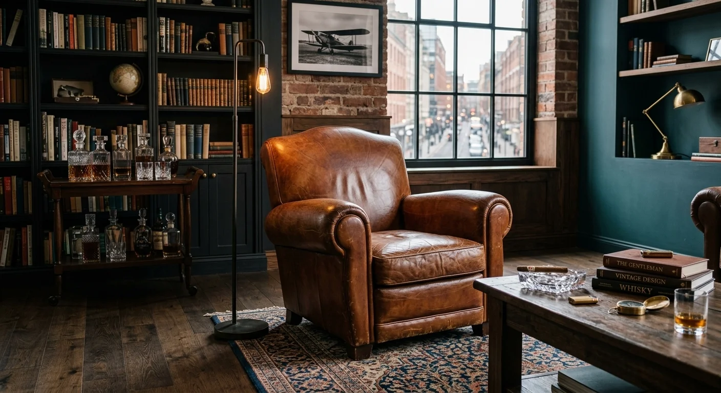 Fauteuil club vintage en cuir à dossier moustache dans un salon masculin