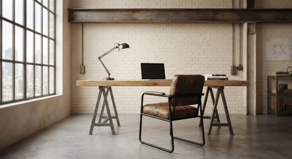 Fauteuil de bureau industriel en cuir patiné marron et structure en acier brut riveté