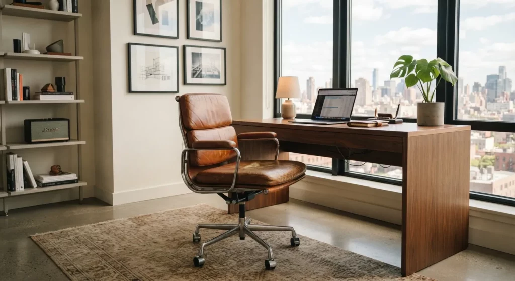 Fauteuil de bureau vintage cuir cognac chrome dans bureau moderne