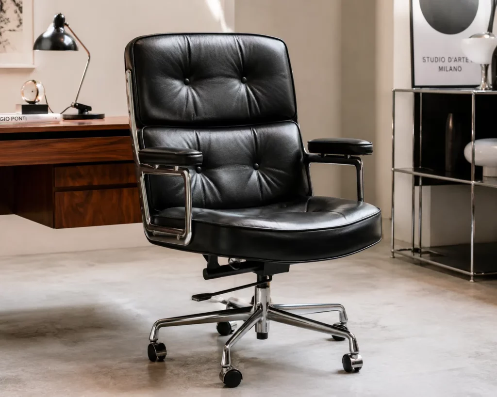 Fauteuil de bureau vintage cuir noir design italien chrome