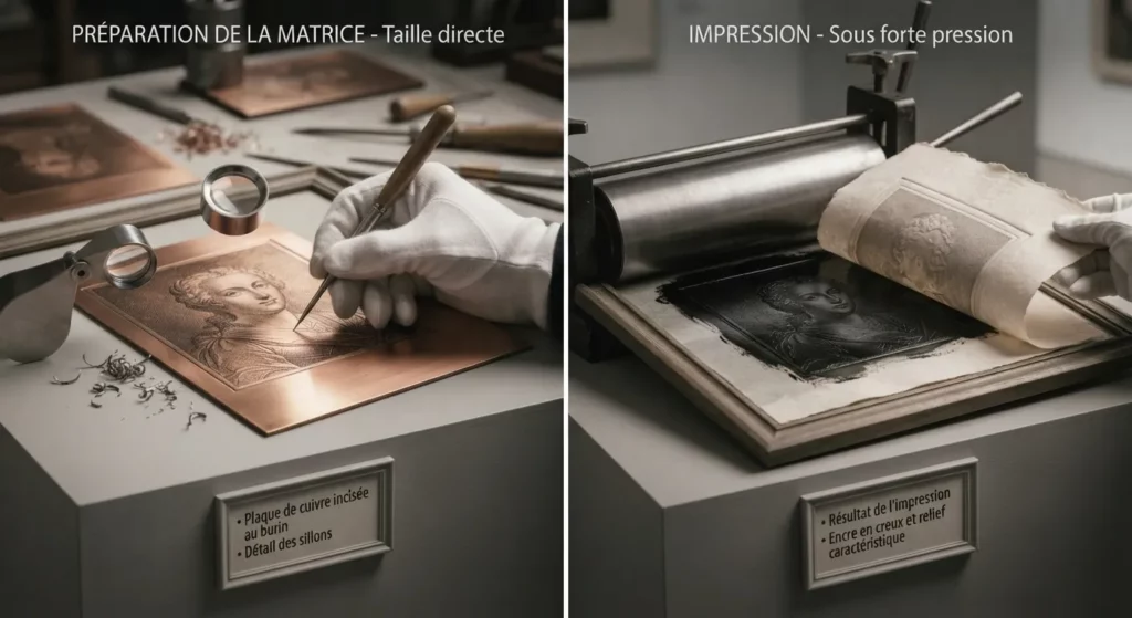 Illustration des deux étapes principales de la gravure en taille-douce  à gauche, la gravure directe au burin d'une plaque de cuivre par une main gantée, et à droite, le tirage de l'épreuve sous presse révélant l'encre en relief.