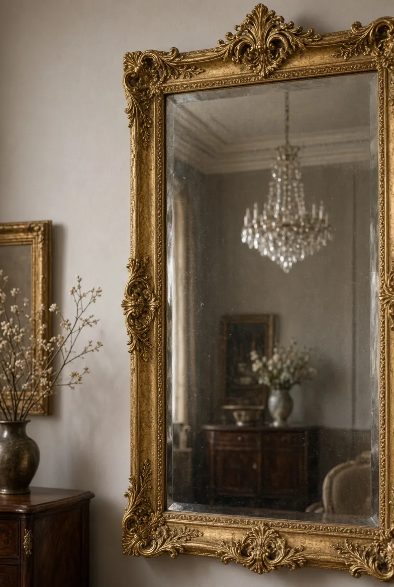 Miroir ancien au mercure avec cadre doré et patine d'époque