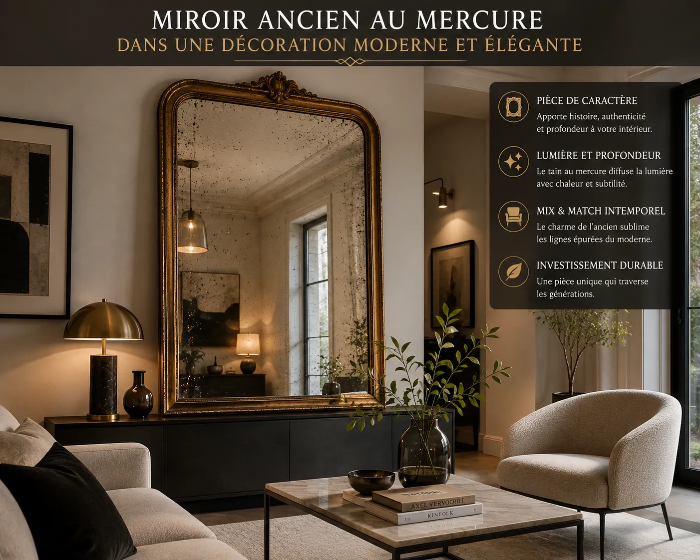 Miroir ancien au mercure intégré dans une décoration d'intérieur moderne et élégante