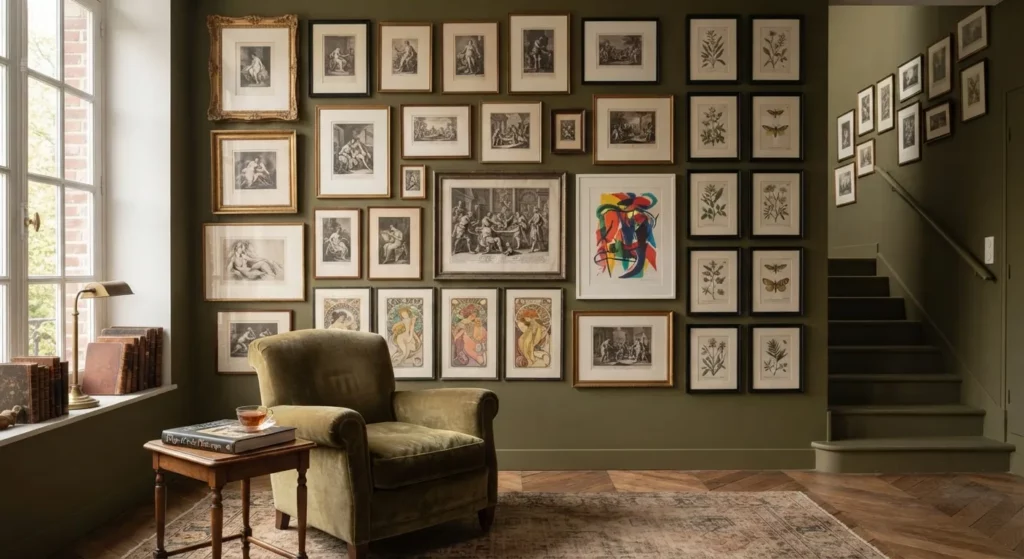 Mur galerie estampes lithographies gravures décoration collection art