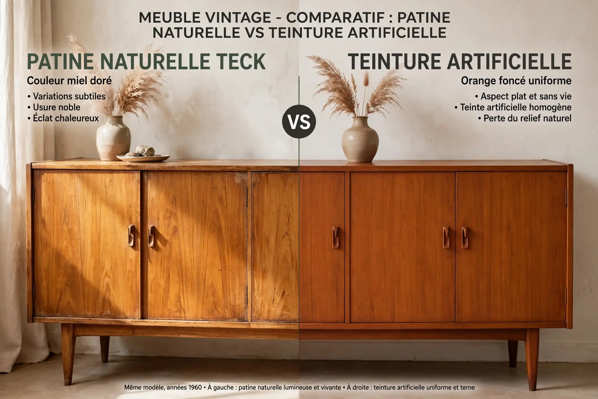 Patine naturelle teck couleur miel doré meuble vintage versus teinture artificielle