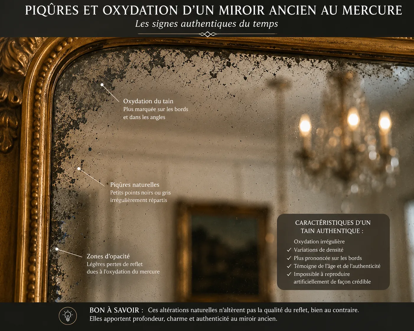Piqûres et oxydation typiques d'un vrai miroir ancien au mercure sur les bords du tain