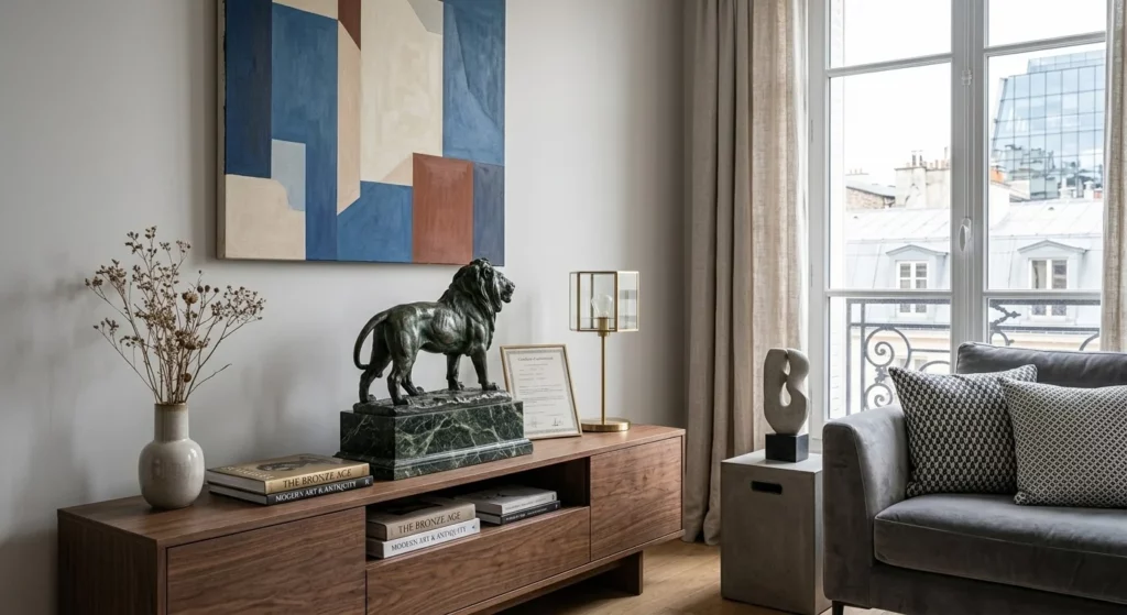 Sculpture bronze ancienne authentifiée exposée dans un intérieur moderne et chic