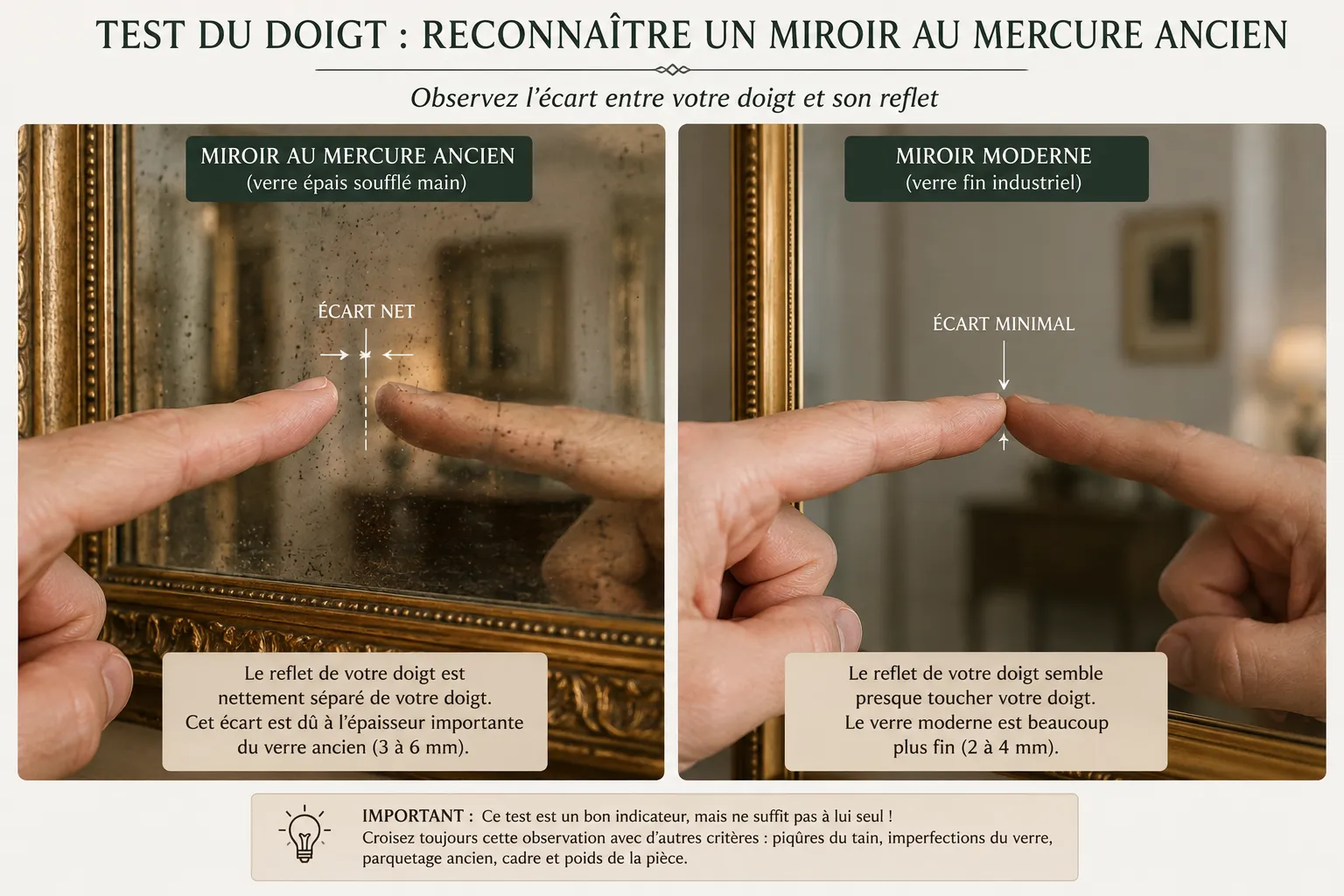 Test du doigt pour reconnaître un miroir au mercure ancien montrant l'écart entre le doigt et son reflet