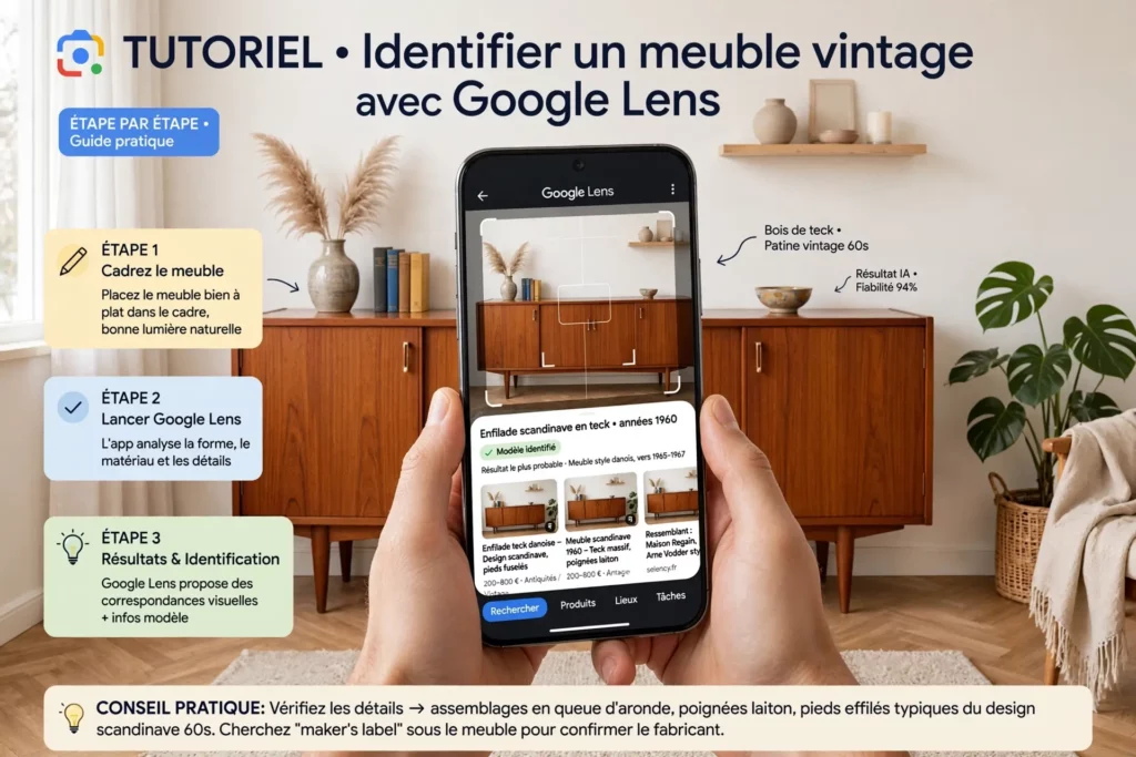 Utilisation Google Lens identification modèle meuble scandinave vintage