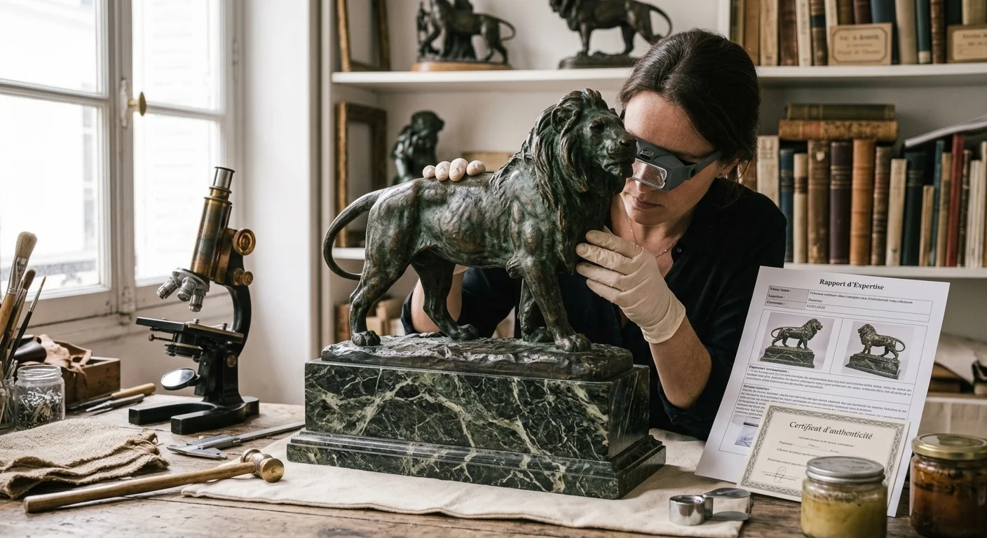 Vérification de la stabilité et de la qualité de fonte d'un bronze ancien sur son socle en marbre