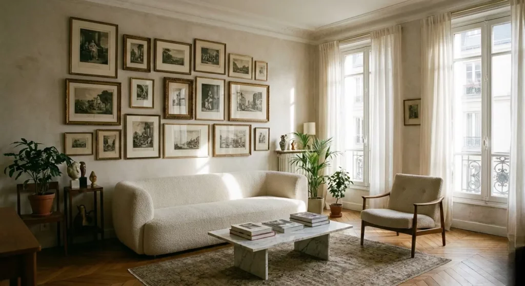 Mur de cadres avec lithographies et gravures anciennes dans un salon moderne