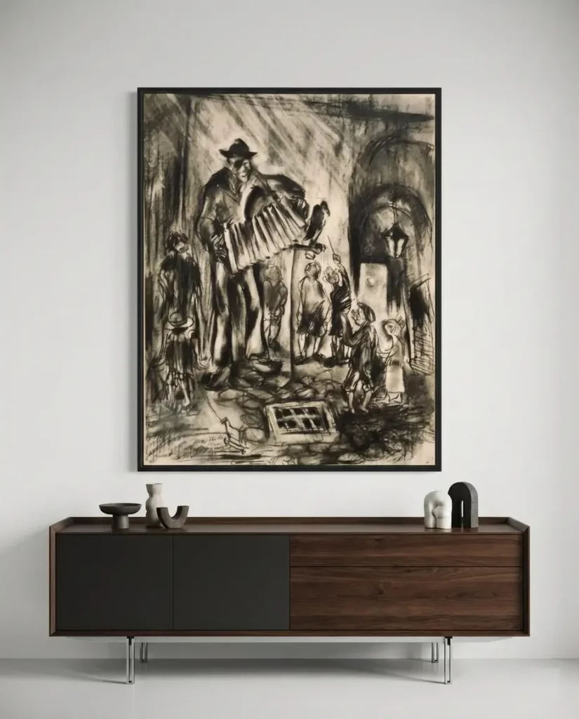 Dessin au fusain du XIXe siècle dans un cadre noir minimaliste au-dessus d'un buffet design