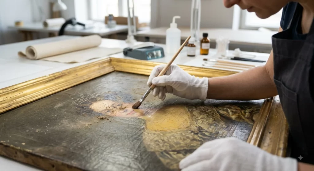 Entretien délicat d’un tableau ancien avec un pinceau souple pour ne pas abîmer la peinture