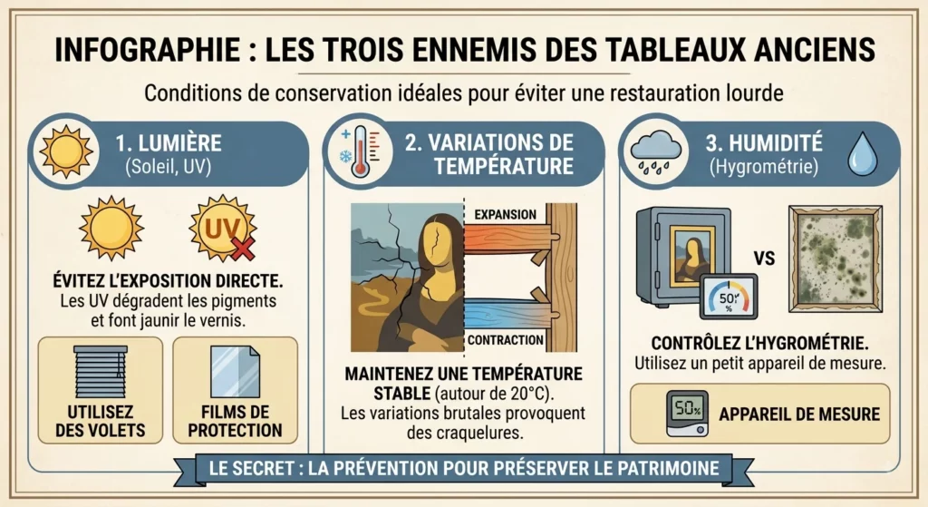 Infographie montrant les trois ennemis des tableaux anciens soleil, humidité et variations de température