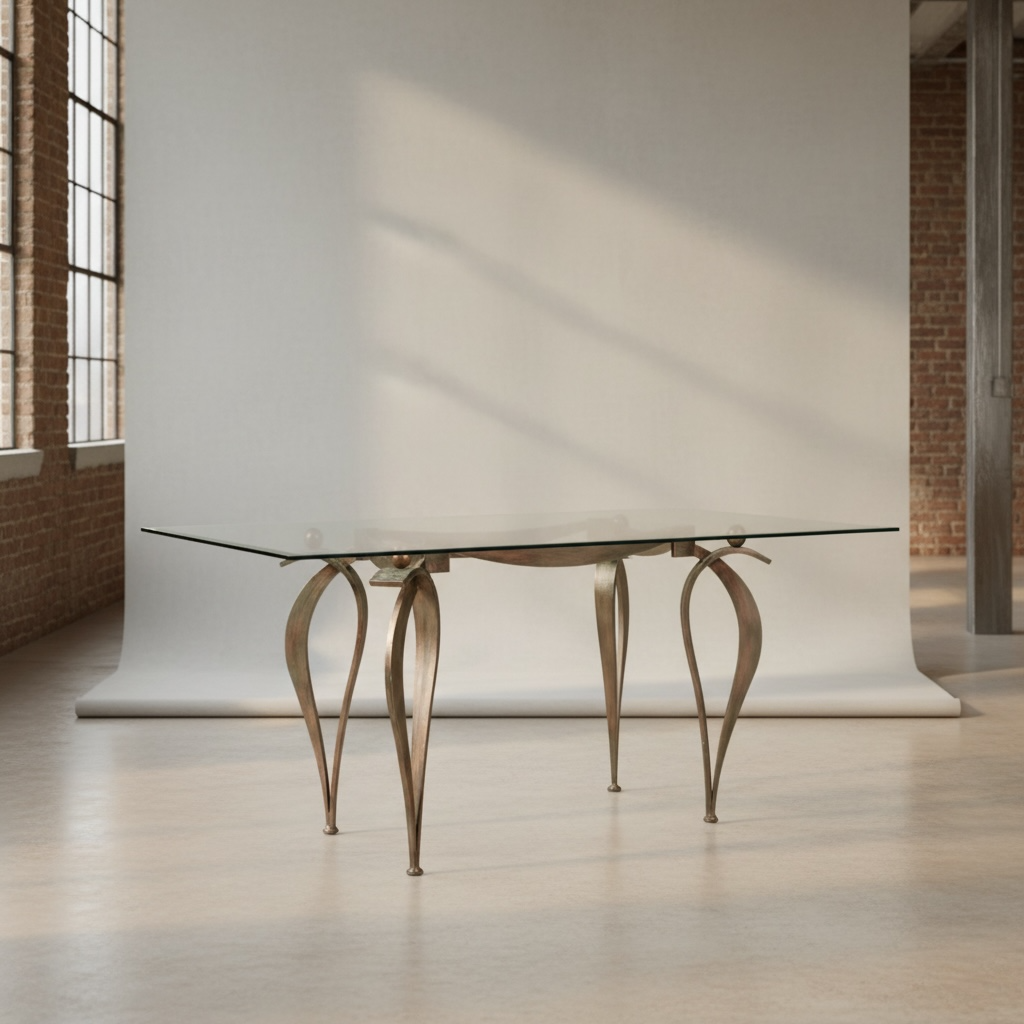 Table de salle à manger en bronze massif et plateau de verre design italien fin XXe