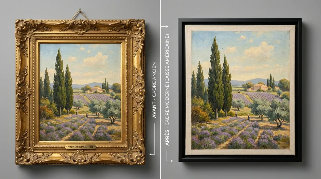 Montage comparatif montrant un même paysage provençal avec un cadre doré sculpté d'époque puis avec un encadrement contemporain sobre.
