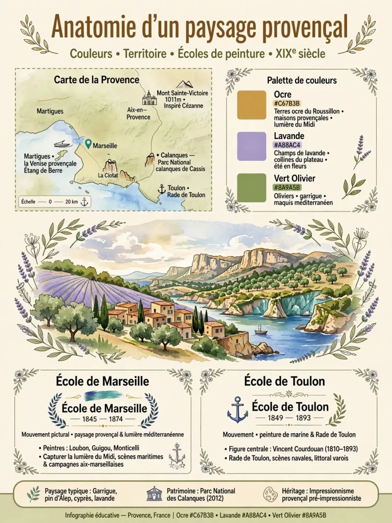Infographie détaillant la palette de couleurs (ocre, lavande, vert olivier) et la carte des lieux clés des tableaux de Provence.