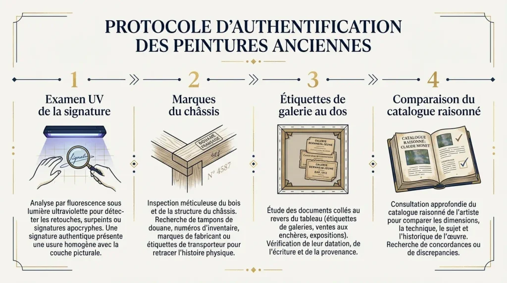 Schéma en 4 étapes pour l'authentification d'une peinture ancienne : signature, châssis, étiquettes et répertoires de cote.