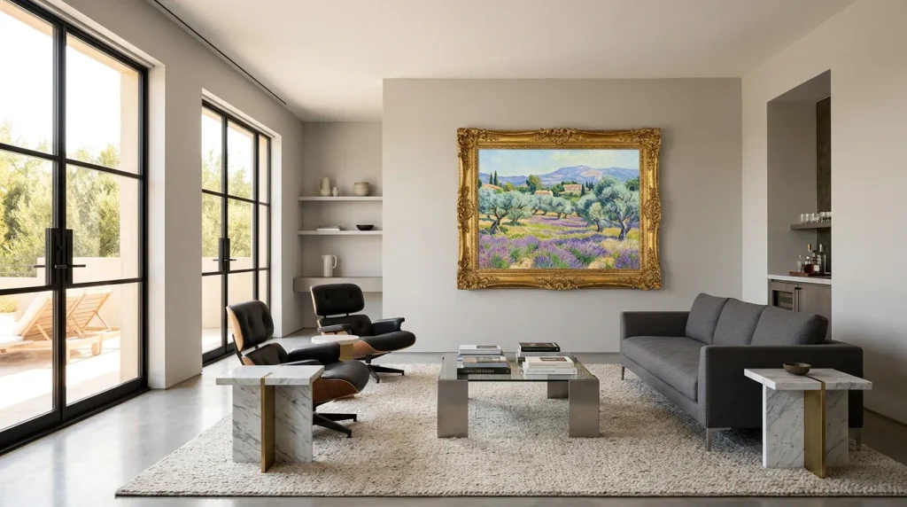 Peinture ancienne de paysage provençal encadrée de bois doré suspendue au-dessus d'un canapé contemporain dans un intérieur épuré.