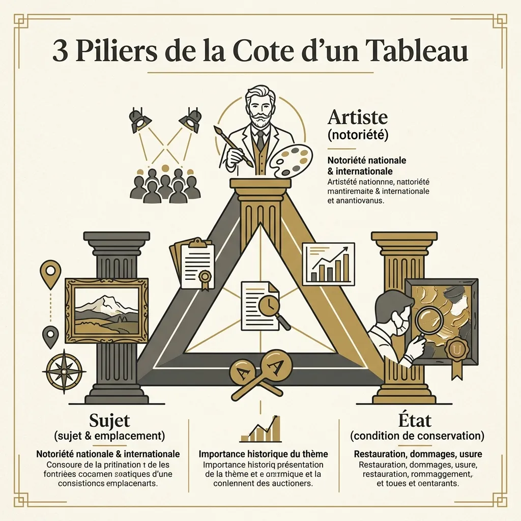 Diagramme illustrant les 3 piliers de la valeur d'une peinture : la notoriété de l'artiste, le sujet représenté et l'état de conservation.