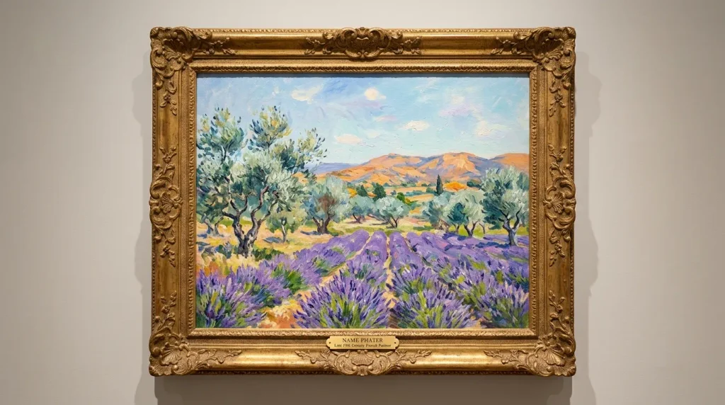 Tableau ancien représentant un paysage de Provence avec collines et oliviers, huile sur toile encadrée de l'École de Marseille.