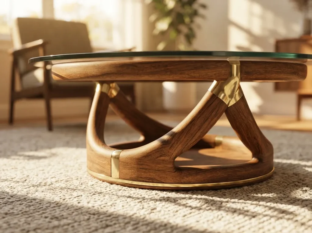 Gros plan sur le plateau organique d'une table basse ronde des années 70 en bois noble et finitions laiton.