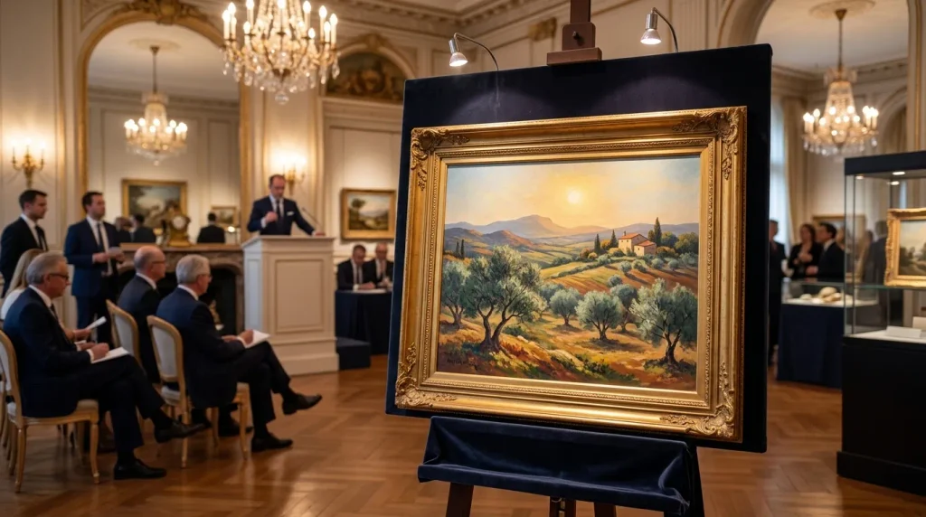 Peinture de paysage de Provence exposée lors d'une vente aux enchères publiques par un commissaire-priseur.